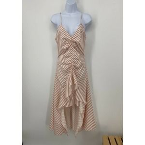 Women’s XS / S Cream Red Stripe Cinch V-Neck Ruffle Sleeveless Midi Dress